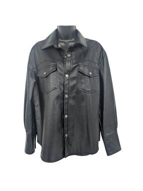 Black Faux‎ Leather Moto Shacket Relaxed Fit Snap Front Long Sleeve Biker Medium